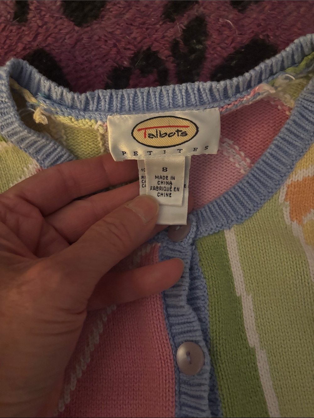 Vintage Talbots Pastel Patchwork Button Cardigan - Pink Blue Yellow Green Cream - Picture 2 of 6